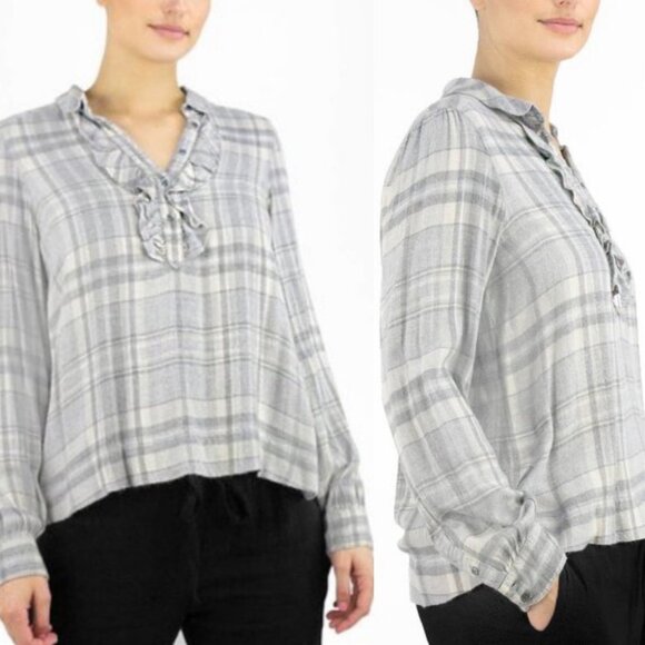 XIRENA Ali Top Dovetail Flannel Ruffle Grey Blouse Size Small Plaid Popover USA - Picture 1 of 10
